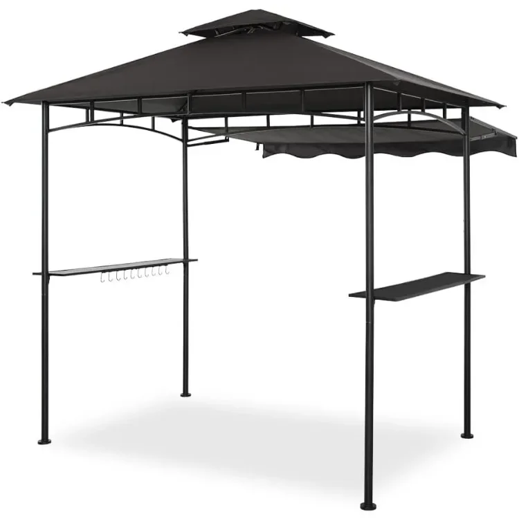 

Dark Grey Grill Gazebo, Double Tiered BBQ Gazebo, 5x8 Grill Canopy,Outdoor BBQ Canopy Tent with Stretchable Side Awning