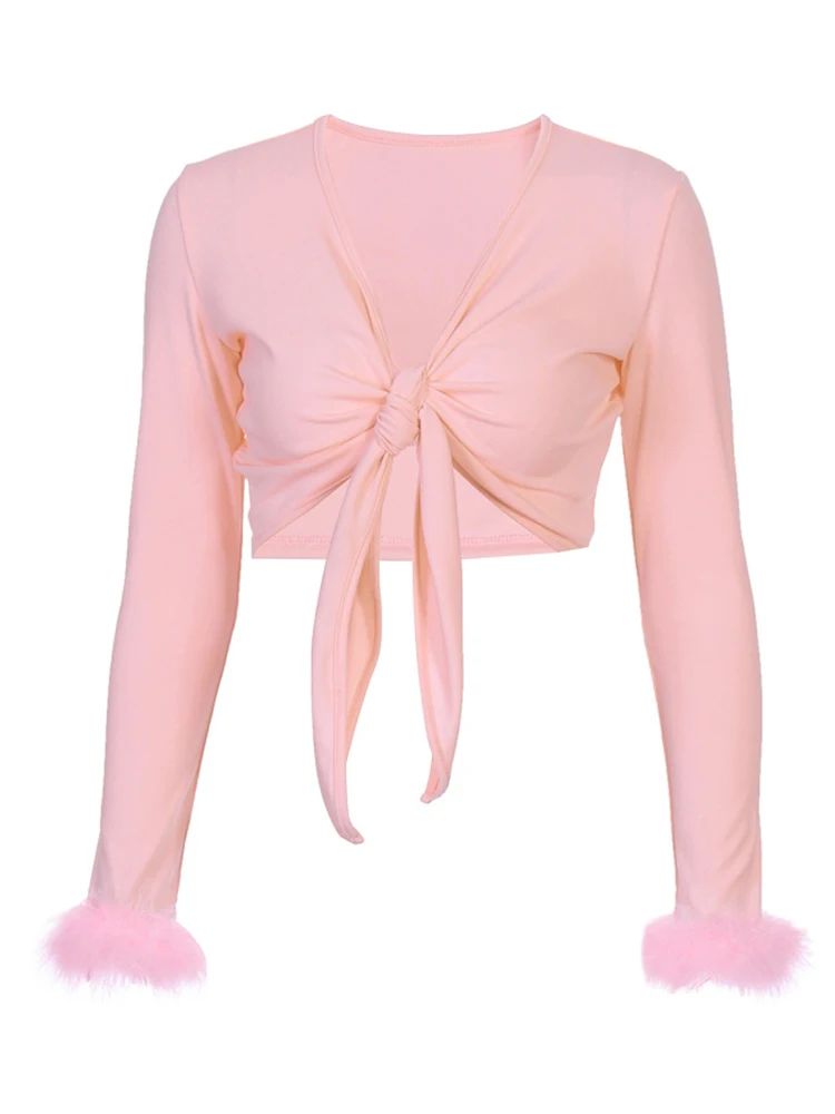 long sleeve fur V-neck wrapped bandage sexy crop tops autumn winter women streetwear club party outfits T-shirts view 6