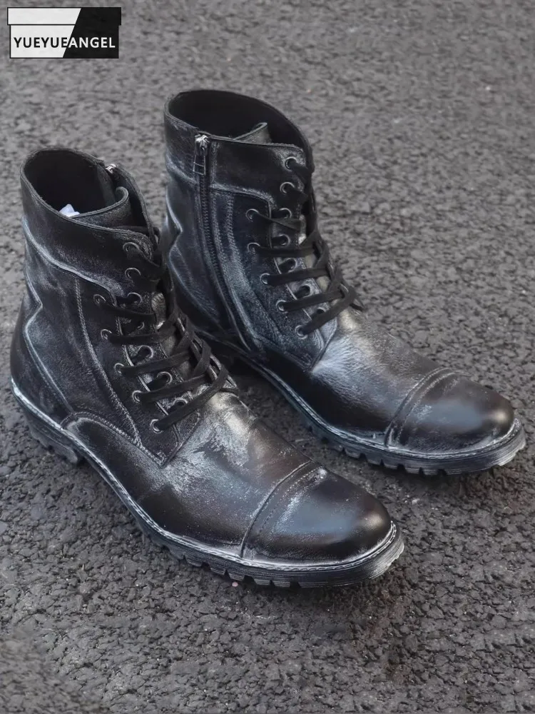 

Handmade Retro Genuine Leather Boots Zipper Lace Up British Style Punk Motorcycle Short Boots Work Cargo High Top Shoes 45 46 47