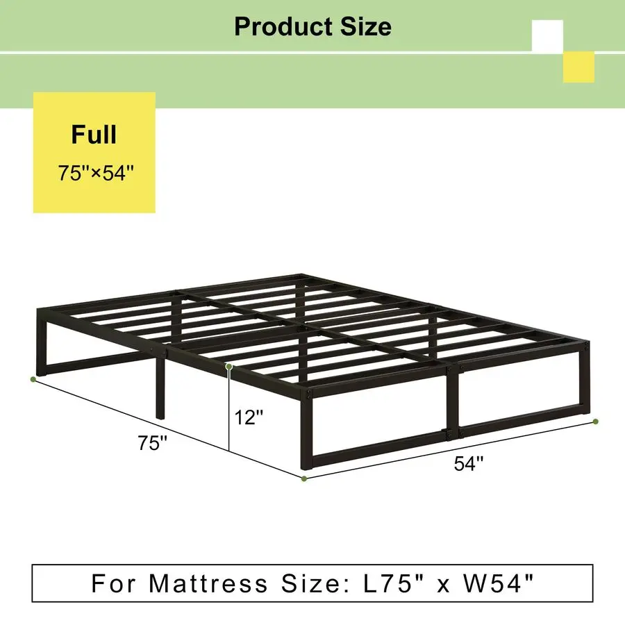Estrutura de Cama de 12 Polegadas, Plataforma de Metal Resistente, Sem Necessidade de Box Spring, Montagem Fácil, Silenciosa, Preta