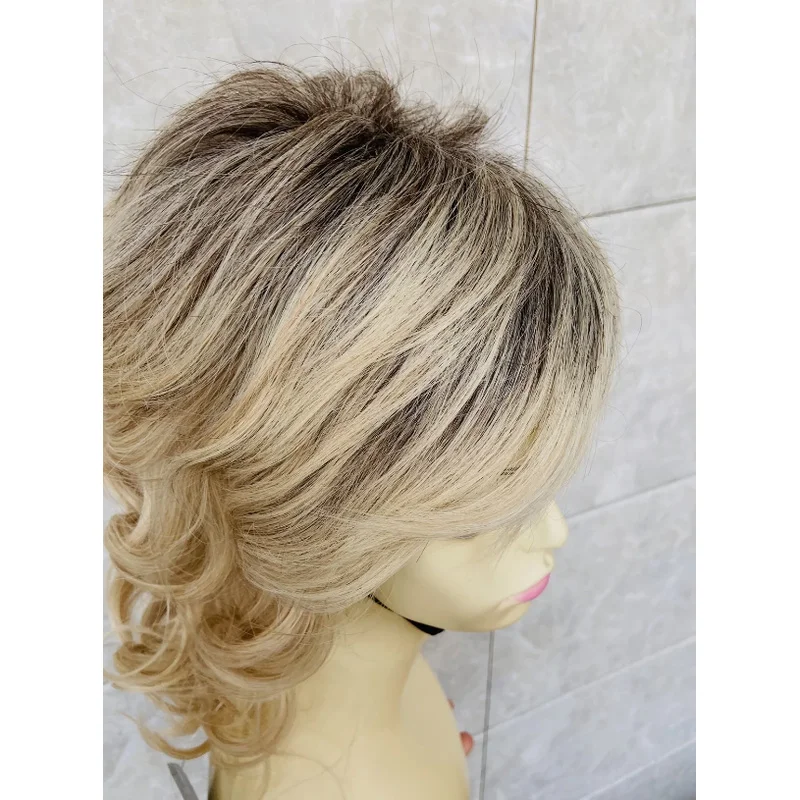 Médio fofo ondulado raízes escuras loira mix perucas de cabelo sintético feminino natural 613