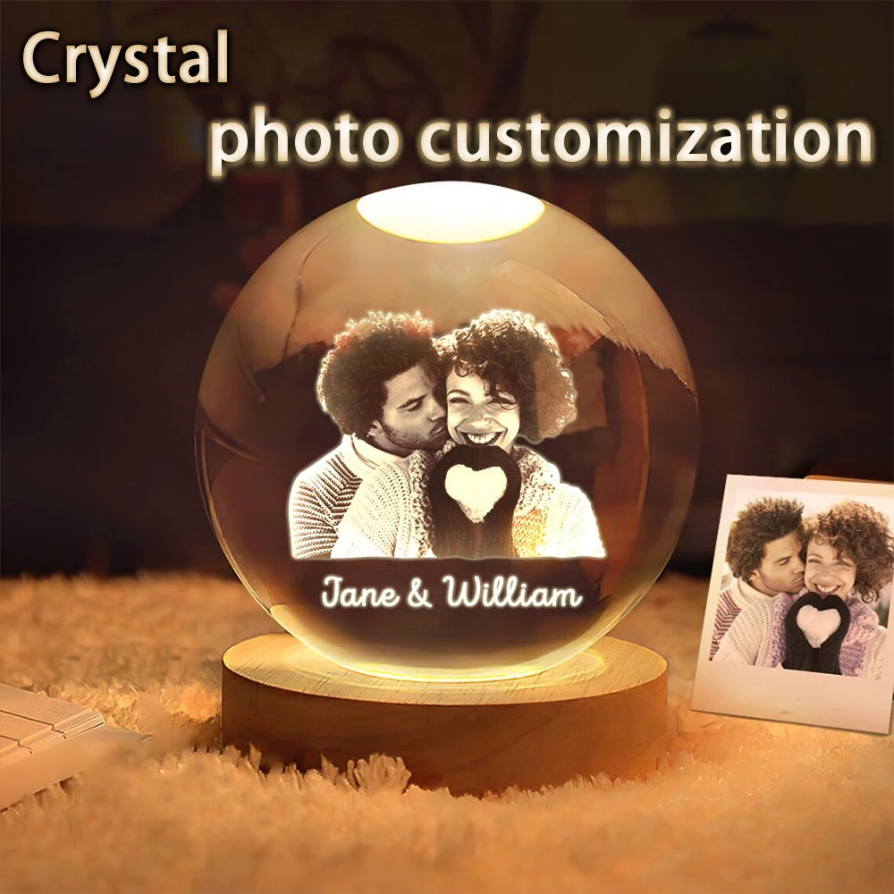 Foto de bola de cristal personalizada, luz LED nocturna para dormitorio, decoración de oficina, regalo de boda, Parentos de pareja, fotos de mascotas, regalos de recuerdo