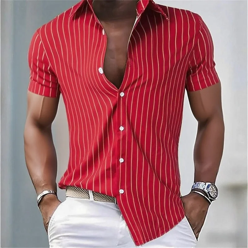 メンズシャツストライプスリムフィット半袖シャツ、通気性ラペルボタンファッションアロハシャツ、快適な生地XS-6XL