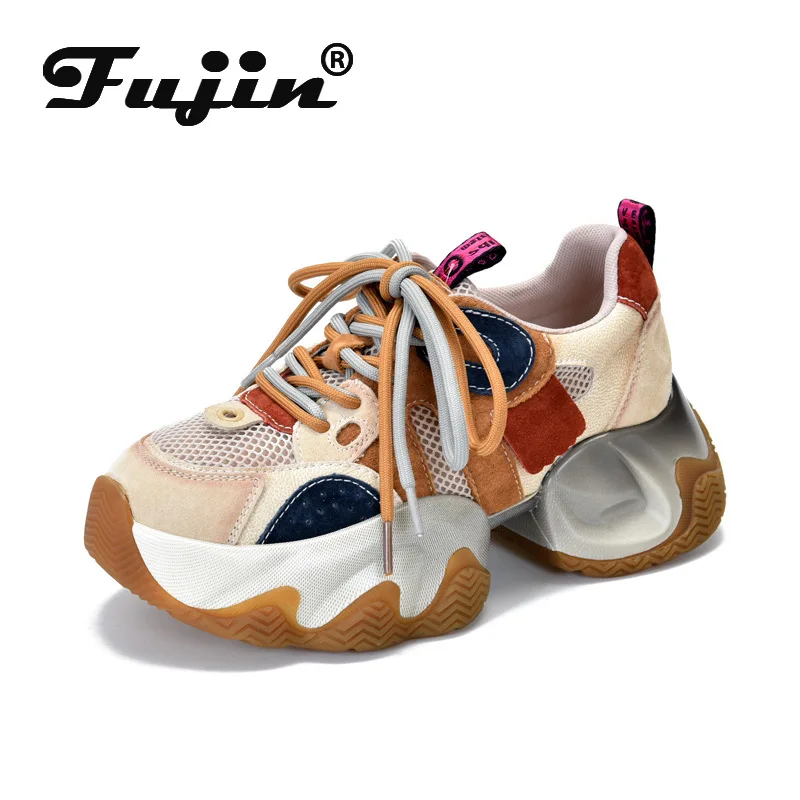 

Fujin 5.5cm Air Mesh Genuine Leather Pigskin Women Spring Ankle Boots Flats Booties Autumn Summer Chunky Sneaker Comfy Shoes