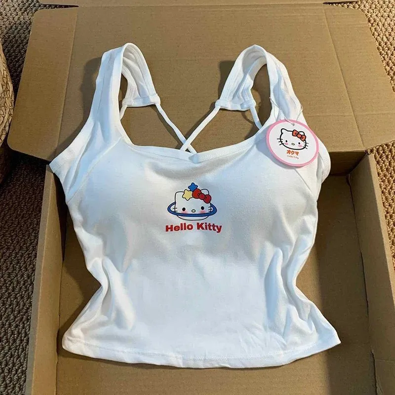 

Bare Midriff Cropped Top White Sexy Suspender Girl Gif Sanrio Fashion Clothing Hello Kitty Top with Breast Pad Cute Top Girl