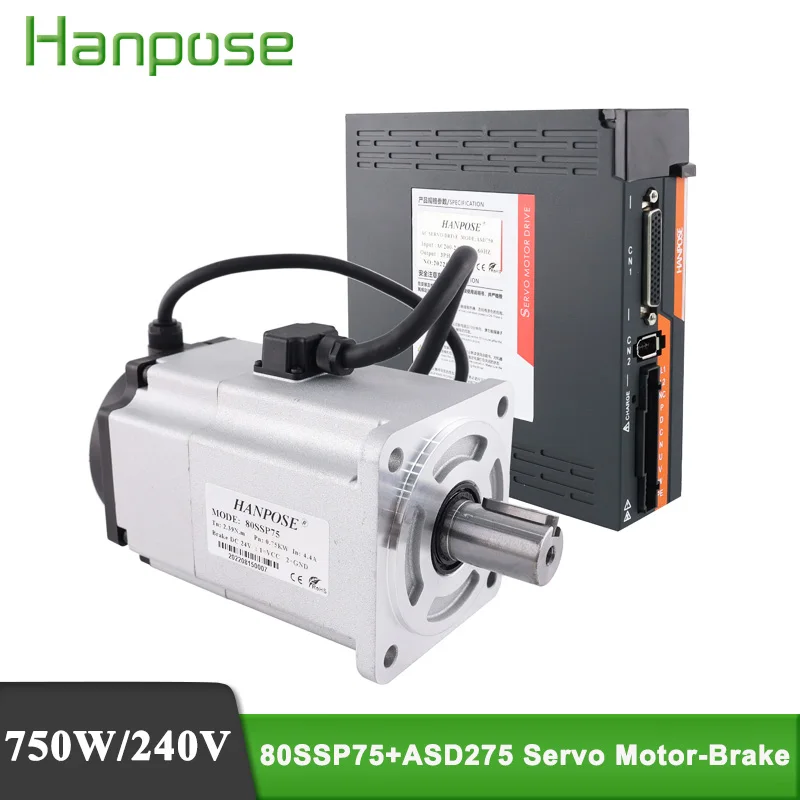 

hanpose 80SSP75 2.39N.m ASD275 Servo Motor Drive AC200V+3M Encoder Cable CNC Medical Equipment 750W AC Servo Motor With Brake