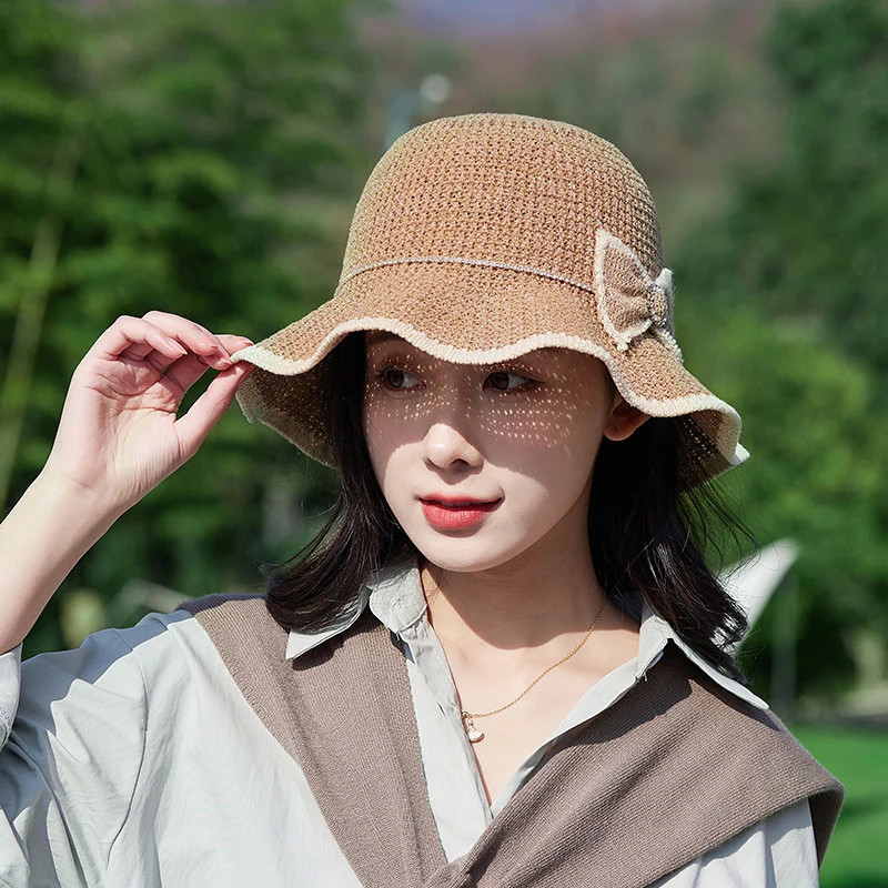 الصيف قبعة بحافة Bowknot واسعة متموجة حافة قبعة واقية من الشمس في الهواء الطلق قبعة الشاطئ السياحة في الهواء الطلق ظلة الشمس حماية صياد قبعة
