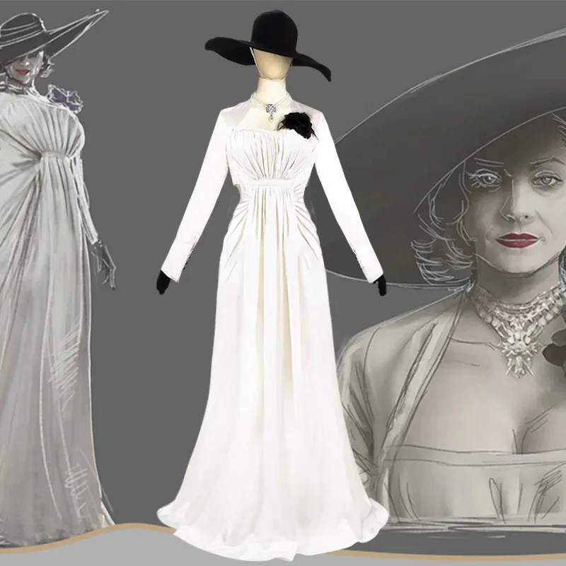 Lady Dimitrescu Cosplay Costume Chatelain Alcina Biohazard Comtesse Sexy Halloween Party Lady Vampire White Dress Hat disfraz