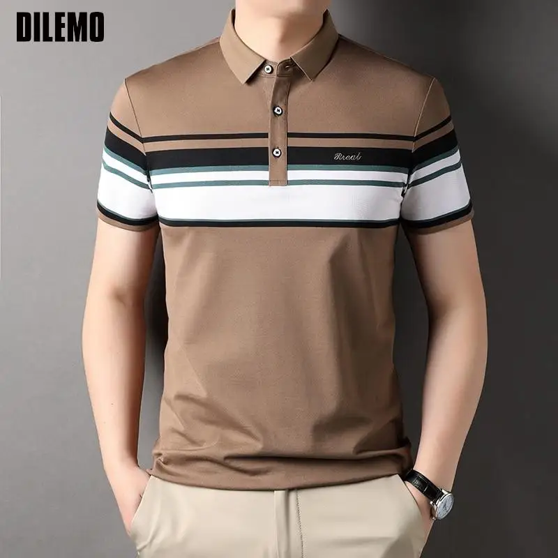 Top Grade Yarn-dyed Process Cotton Summer Luxury Fashions Casual Stripped Polo Shirt For Men Logo Short Sleeve Tops Men Clothing