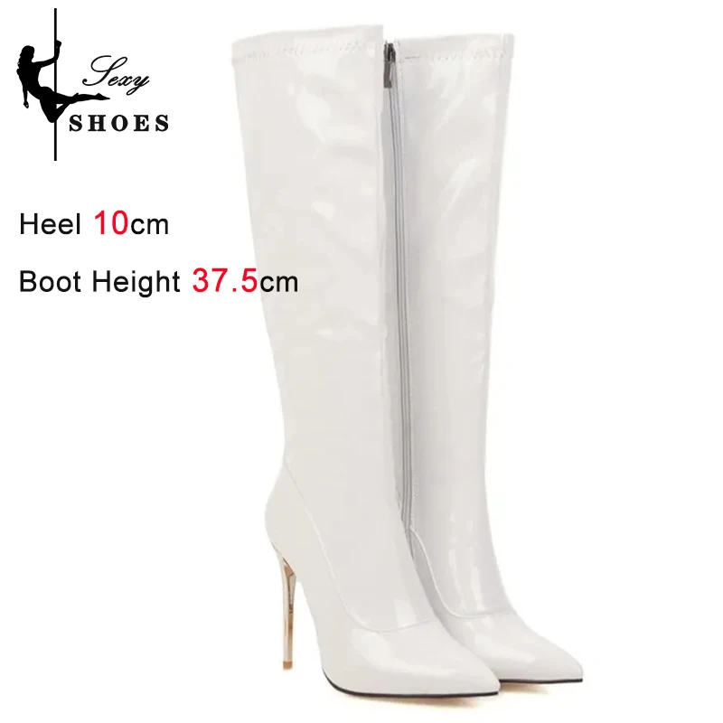 Knee-High Women\'s Boots Fashion Pointed Zipper High Heel 10cm High Tube Sexy Ladies Boots Plus size 34-48 Gothic Fetish Stiletto