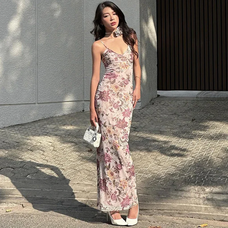 Floral Dress Spaghetti Straps V Neck Elegant Women Party Vacation Style Print Sleeveless Vintage Long Dress for Women NWQ45