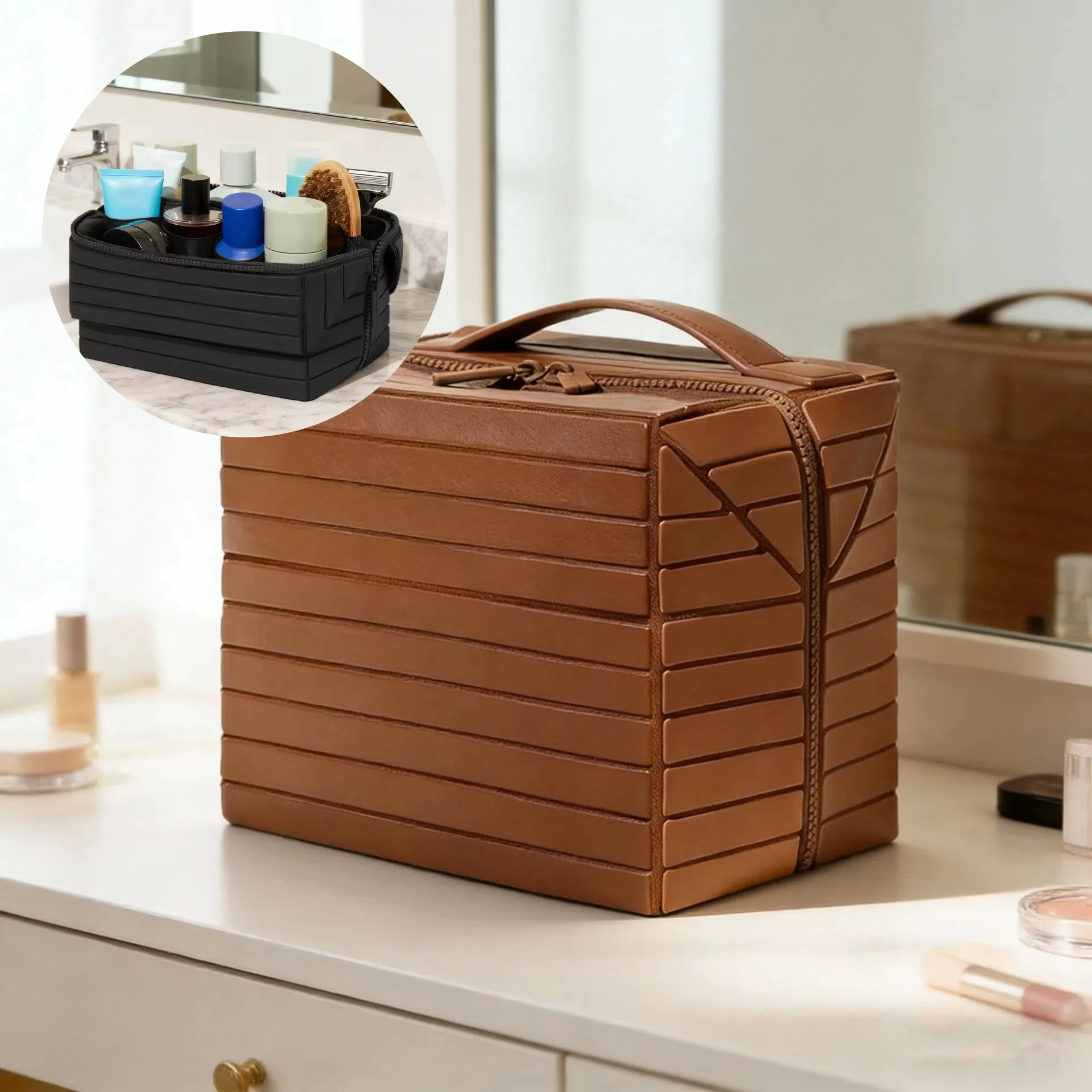 

Fold-Down Travel Makeup Bag Waterproof Large Toiletry Bag Hanging Cosmetic Organizer with No-Spill Compartments for Makeup Use