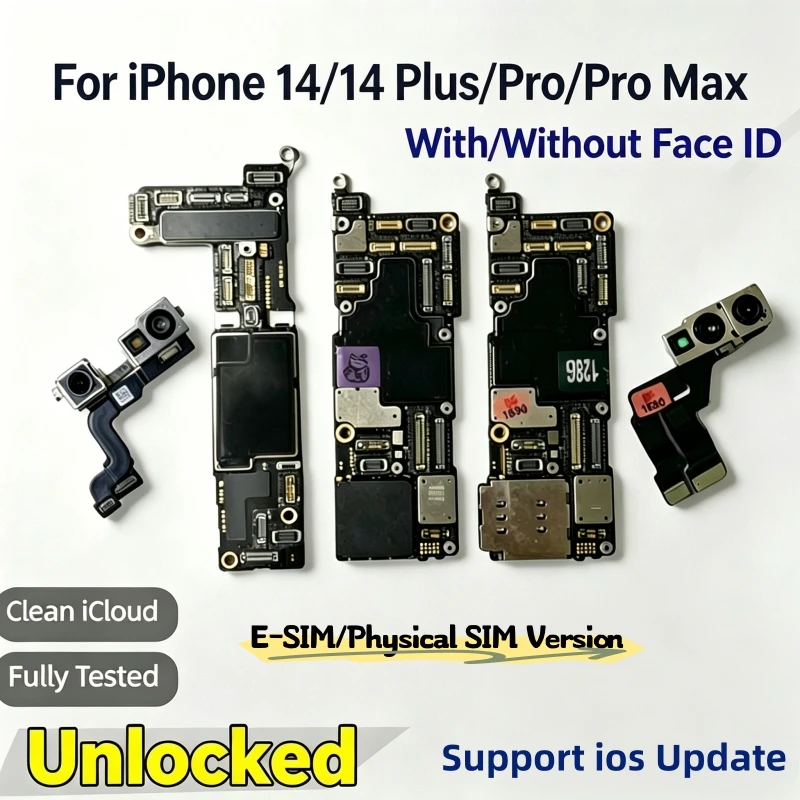Placa Lógica Desbloqueada y Completamente Probada para iPhone 14 Pro Max 14 Plus, iCloud Limpio, Con o Sin Face ID, Pieza de Reparación de Placa Base