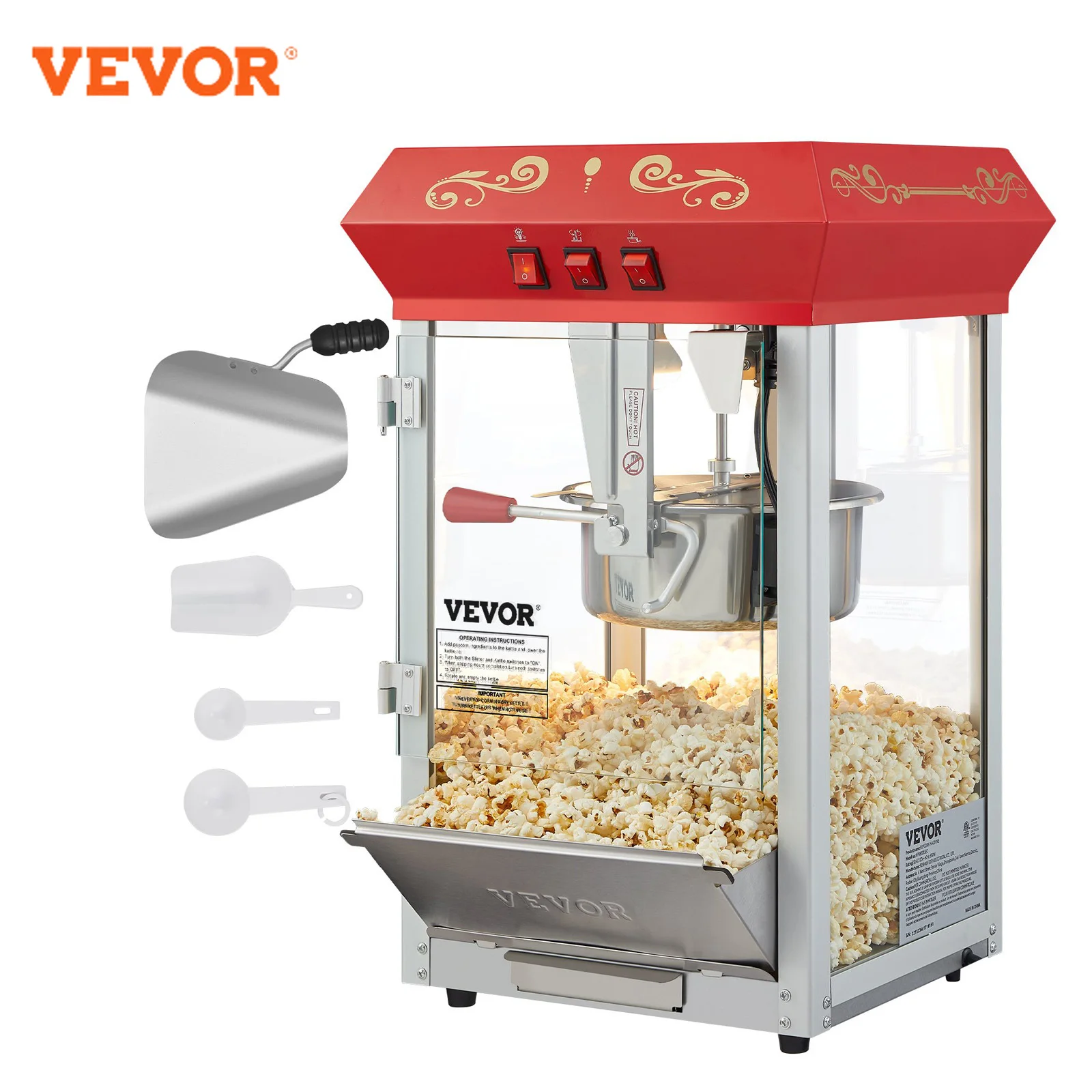 VEVOR Commercial Popcorn Machine, 8 Oz Kettle, 850 W Countertop Popcorn Maker for 48 Cups per Batch, Theater Style Popper