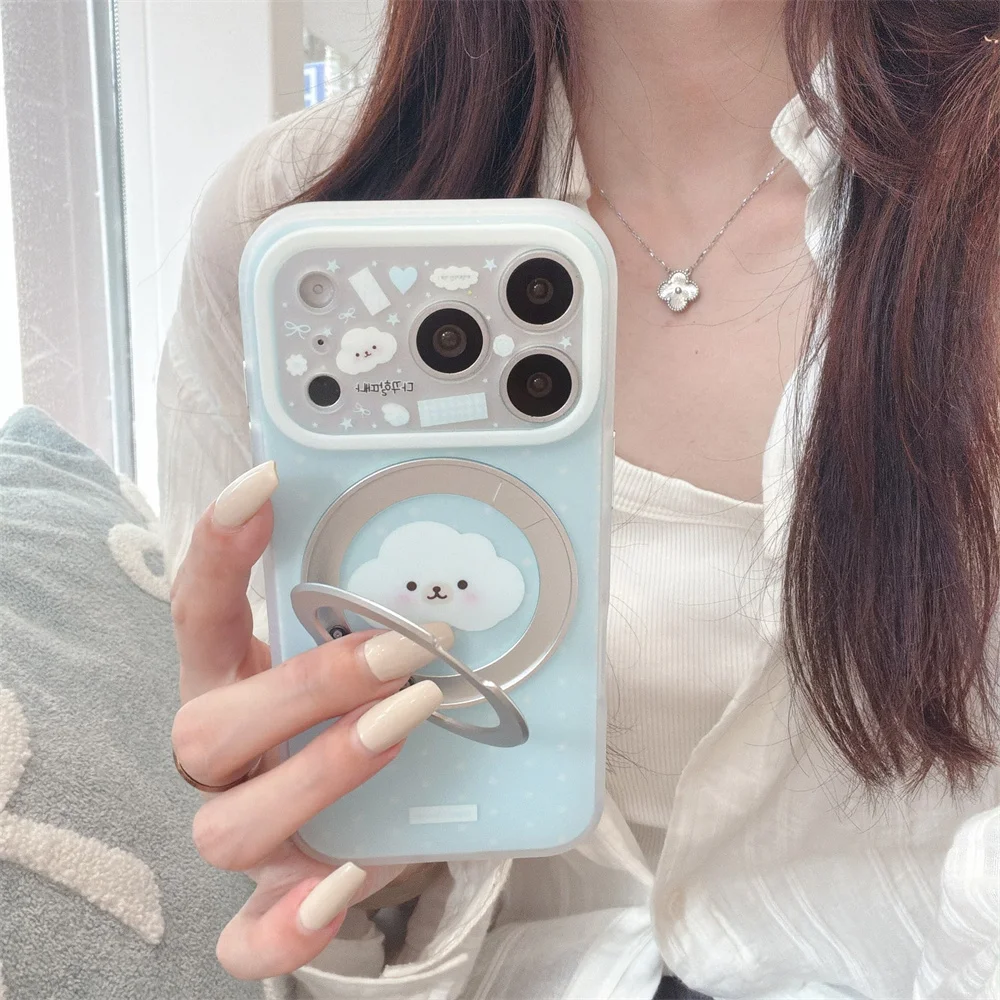 Cute Blue Cloud Bear Magnetic Case For iPhone 15 16 17 ProMax Rotatable Kickstand Shockproof Hard Protective Phone Cover Girls