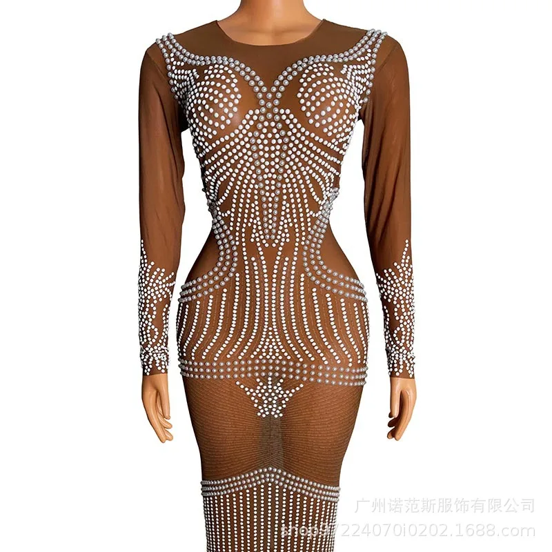 

Элегантное сетчатое платье со стразами, платье для выступлений в банкете, ежегодное собрание, женское элитное платье Vestidos De Noche De Lujo De Fiesta