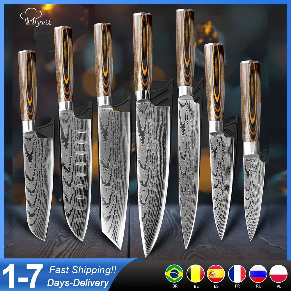 

Kitchen Knives Set 1-7PCS Japanese Chef Santoku Knives 7CR17 440C Stainless Steel Damascus Imitation Knife Meat Cleaver Slicer