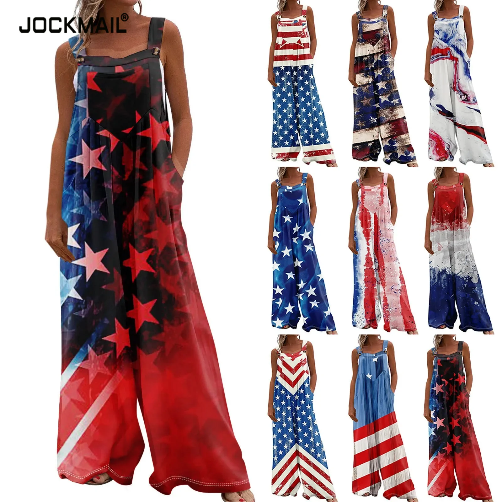 Jumpsuit Bib Overalls Suspender Shorts For Women Long Pant Romper Independence Day Romper Jumpsuit Summer American Flag Print