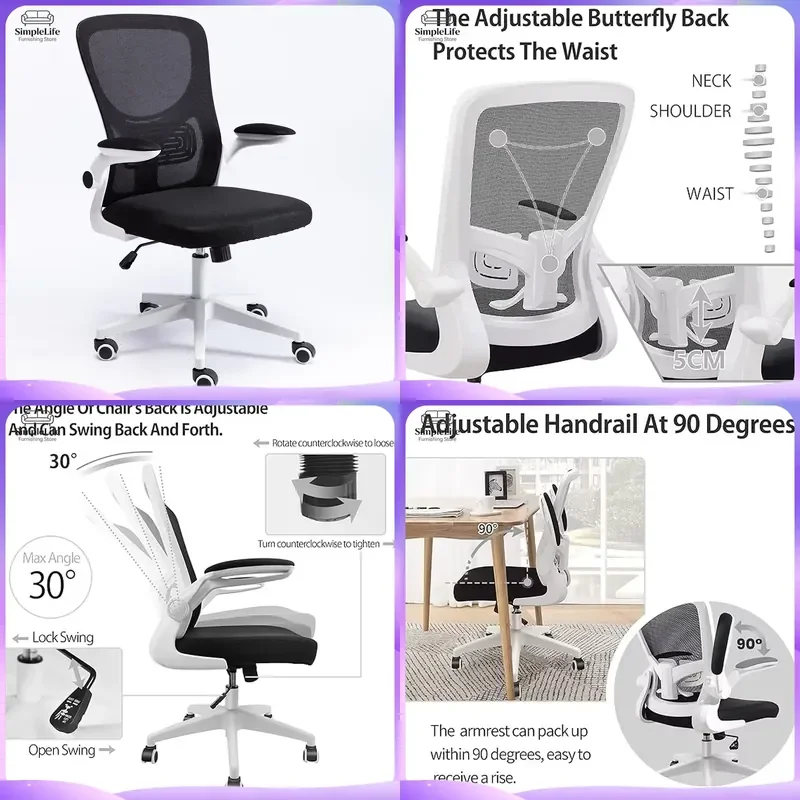 Cadeira de Escritório Ergonômica com Encosto Alto em Malha, Cadeira de Computador com Suporte Lombar Ajustável, Apoio de Cabeça e Braços, Cadeira Gira