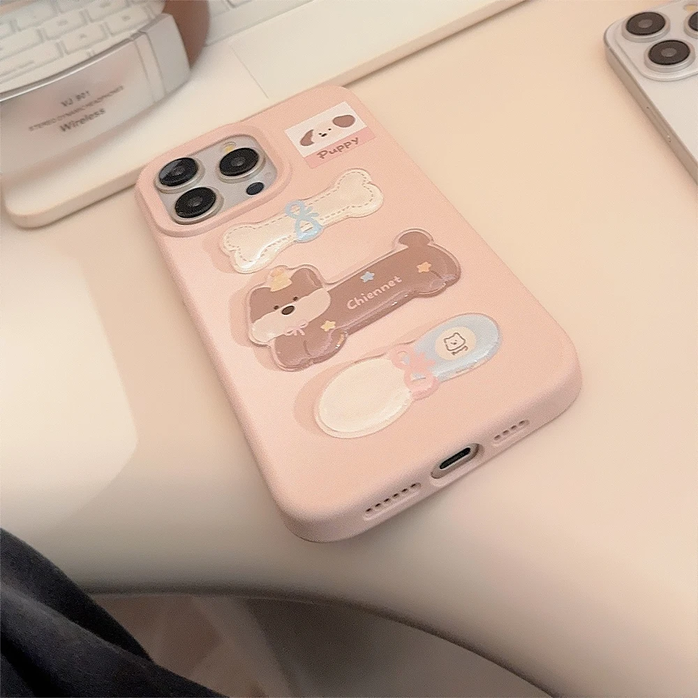 Korean INS Cute Dog & Bones Stickers Light Pink Silicon Phone Case for iPhone 16 15 14 13 Pro Max Back Phone Cover Capa