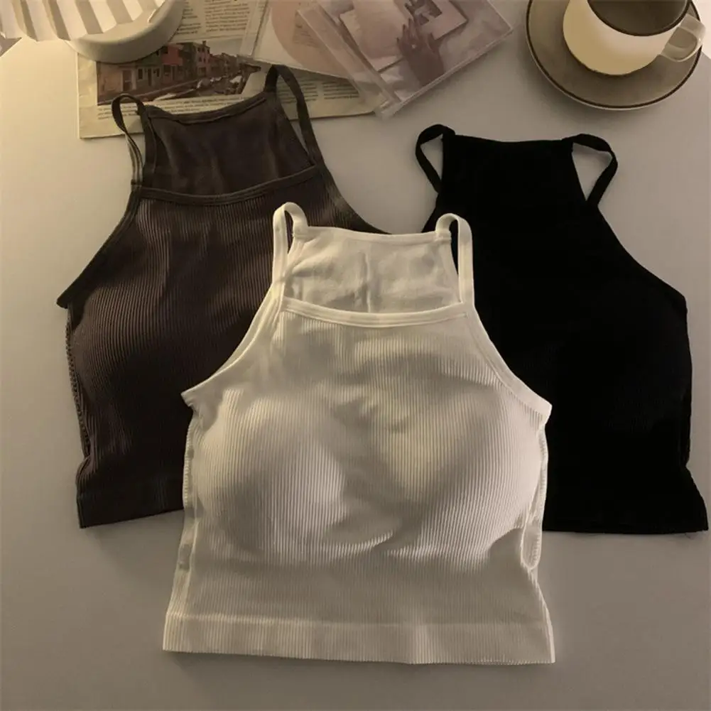 Women's Padded Ribbed Tank Top Summer Sleeveless Racerback Basic Top With Built-in Bra Spaghetti Strap Camisole Crop Top