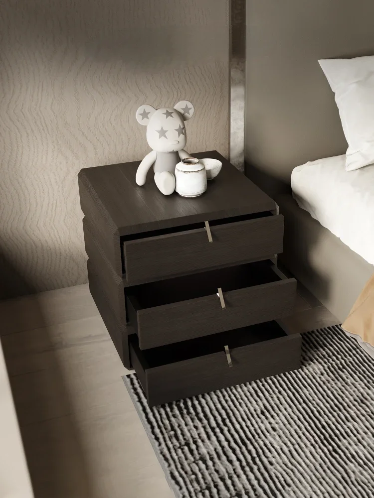Italian Minimalist Bedside Table Smoked Veneer Bedside Cabinet Modern Light Luxury Locker