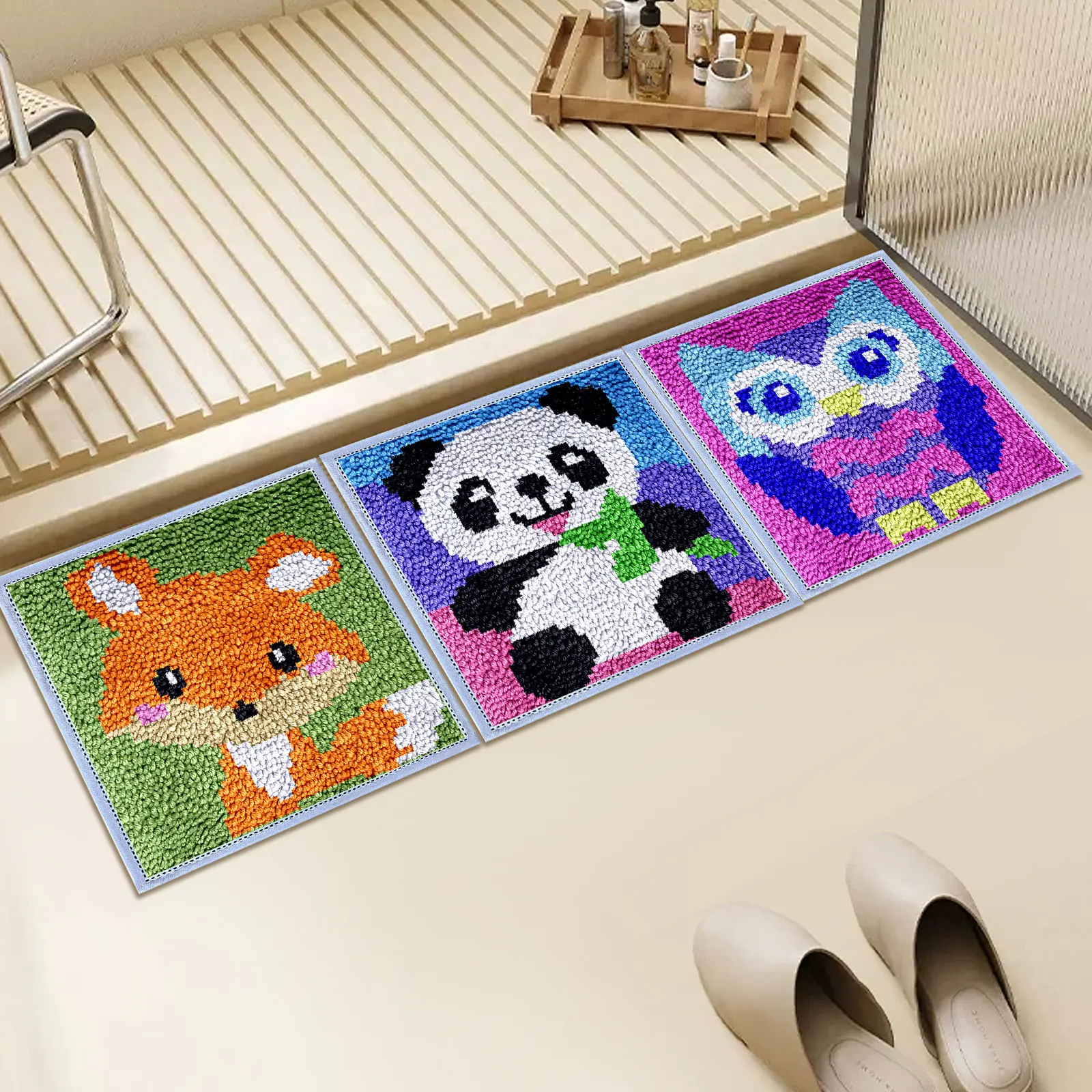 Latch Hook Kits DIY Craft Rug Sewing Set with Pre-Printed Pattern Cute Fox/Panda/Owl Latch Hook Craft Decorative Tapestry DIY