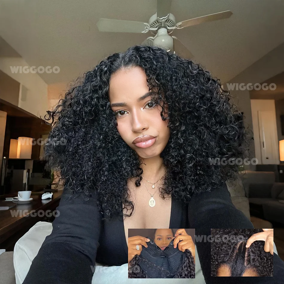 

Wiggogo Kinky Curly Human Hair V Part Wig No Leave Out No Sew In No Glueless Natural Black V Shape Clip In Half Brazilian Wig
