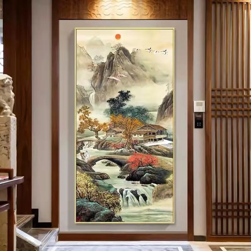 

New Home Prosperity Cross Stitch East Rising Sun Water Flowing Wealth Vertical Version Entrance Living Room Large Grid Cotton...