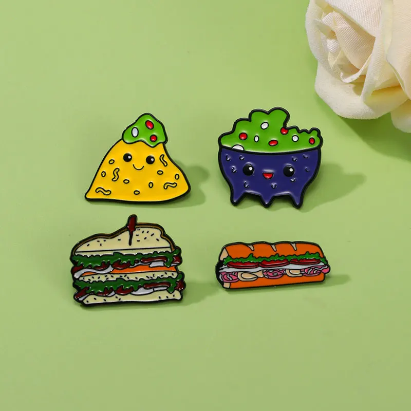 4 Styles Funny Food Sandwich Theme Enamel Brooches Cute Cheese Salad Figure Pins With Free Shipping