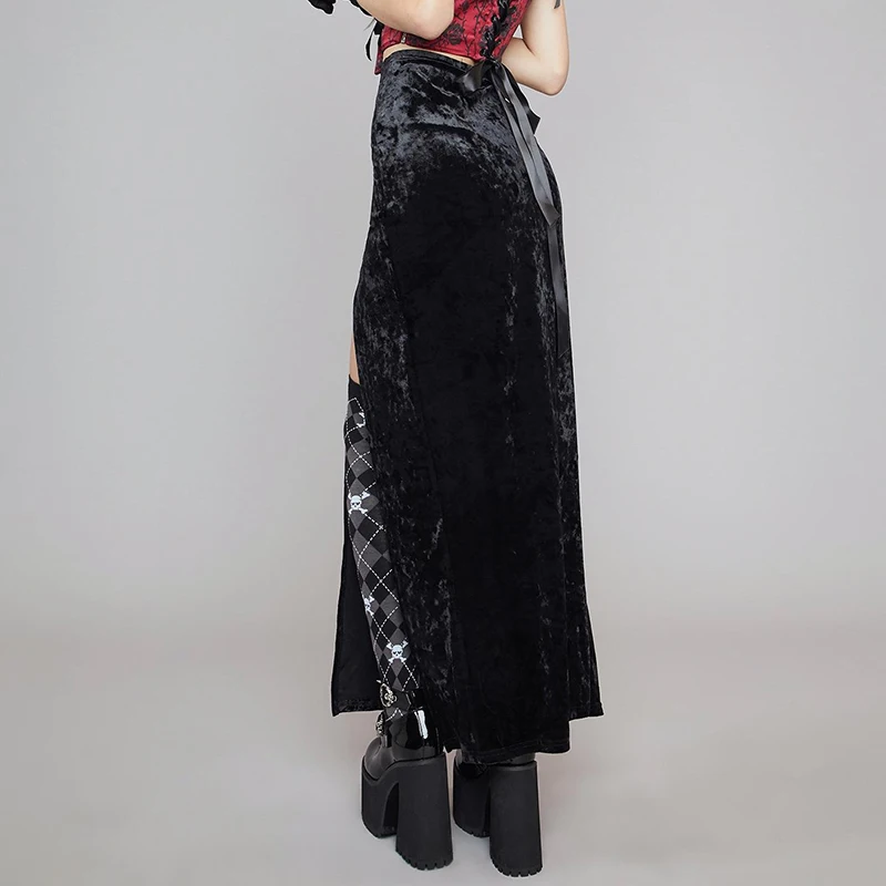 Women's Gothic style dark bow suede double slit long skirt