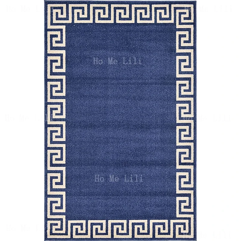 Classic Geometric Modern Border Design Flannel Floor Rugs Navy Blue Beige Carpet For Home Decoration