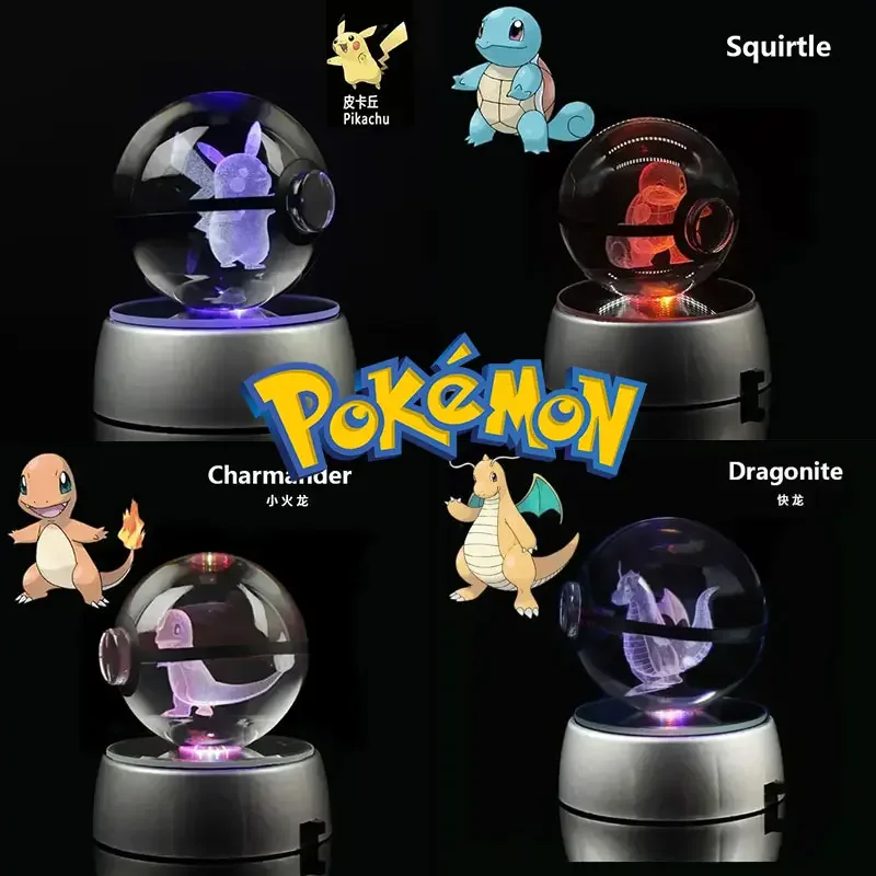 Pokemon bola de cristal juguetes 3D Snorlax Mewtwo Pikachu figuras Pokémon modelo de grabado con Base de luz LED regalo para niños coleccionable