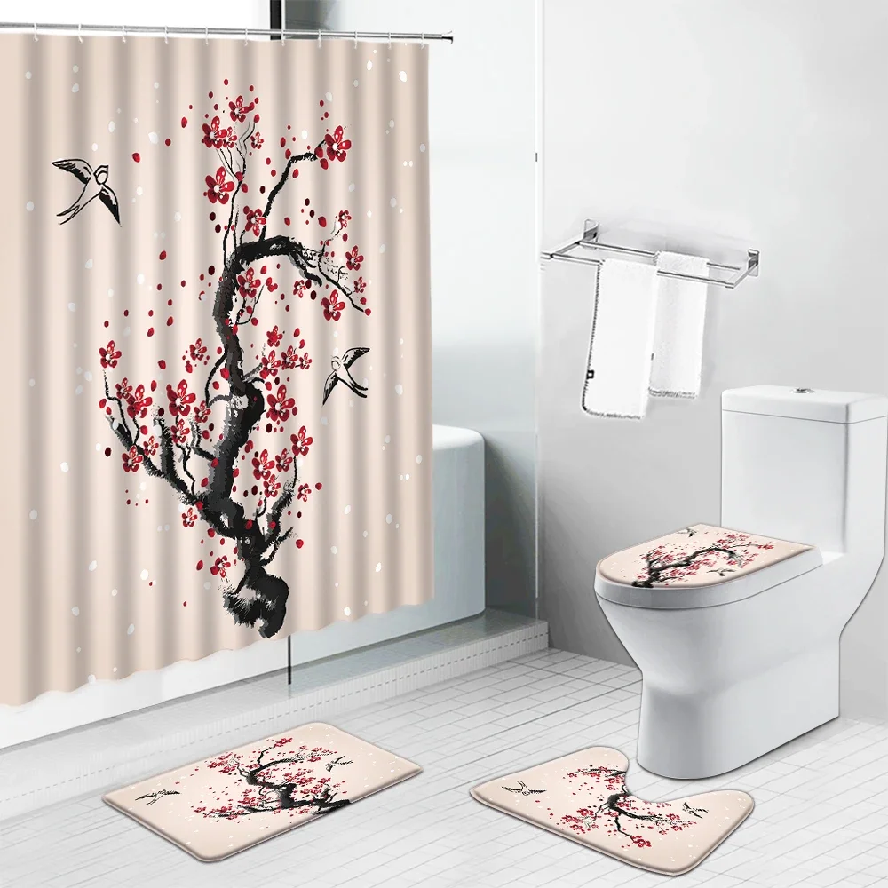 Chinese Style Flower Bird Shower Curtain Tulip Cactus Scenery Farm Red Truck Sunflower Non-Slip Rug Carpet Mat Bathroom Curtains