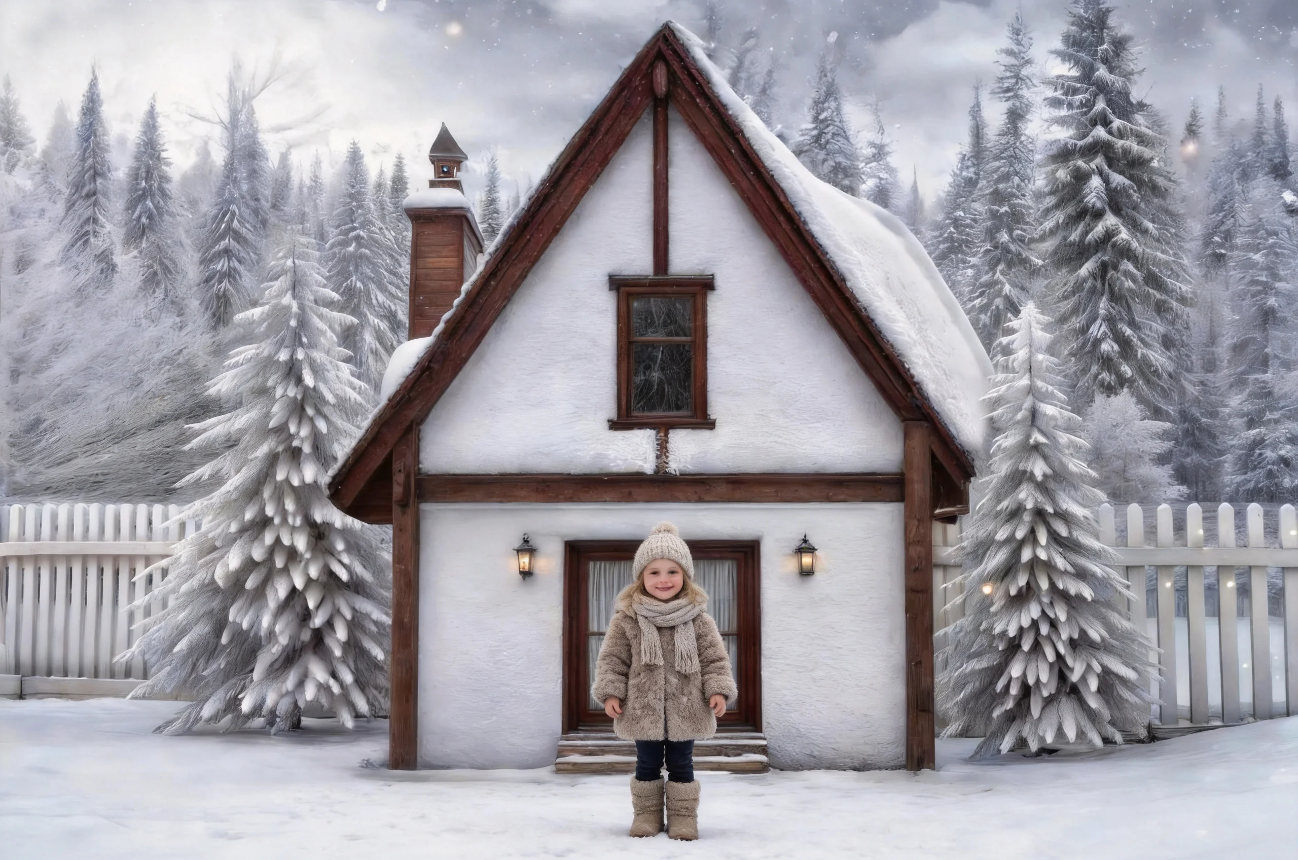 Winter Snowy Cabin White Fence Path Forest Pine Trees Sunrise Backdrop For Kids And Adults Portrait Photography