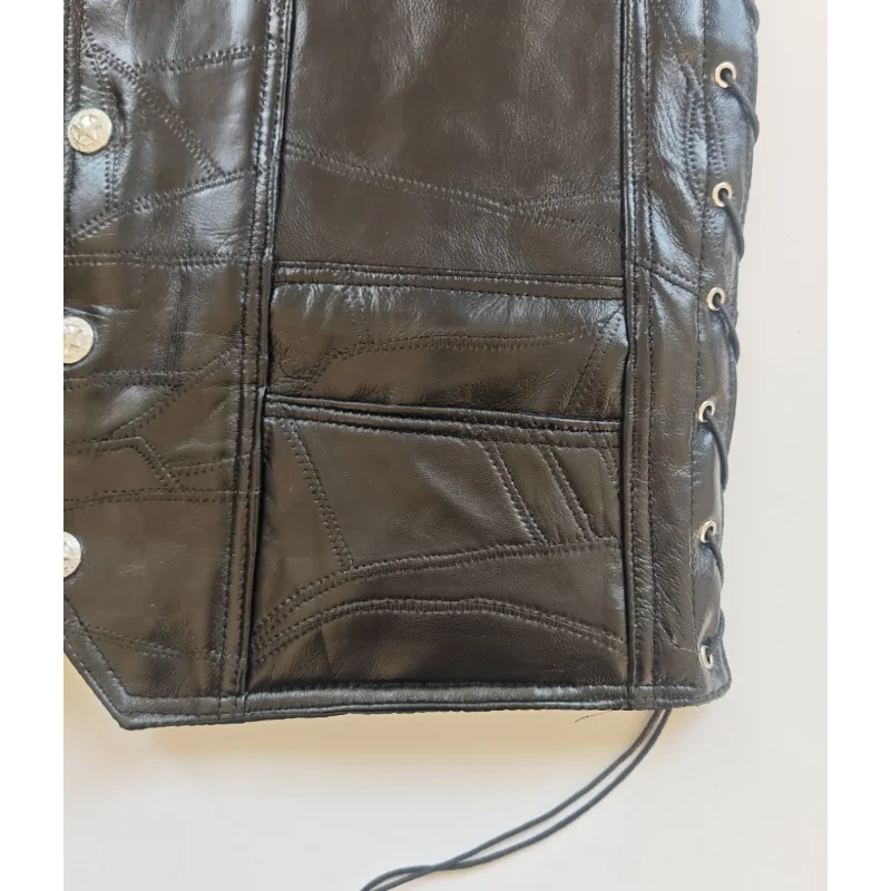 Vintage Motorcycle Biker Leather Vest Skull Skeleton Embroidered Back Patch Adjustable Side Lace‑Up Sleeveless Riding Gilet view 3