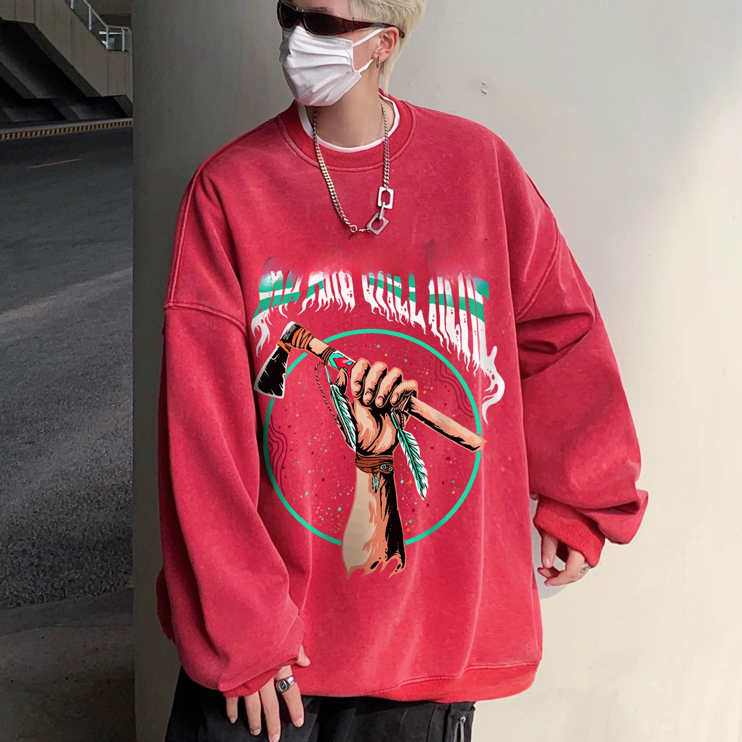 

Waed Vintage Heavyweight Hoodie Men's Spring Autumn Loose round Ne Overhead Base irt American Retro High Street Top