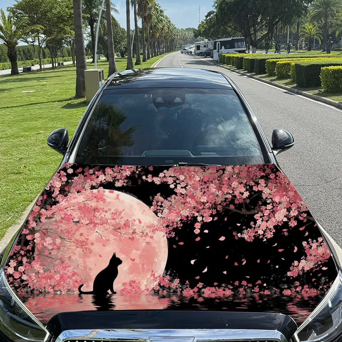 

Romantic Cherry Blossoms and Cat Print car hood stickers, waterproof self-adhesive, scratch resistant, easy to stick, durable ca