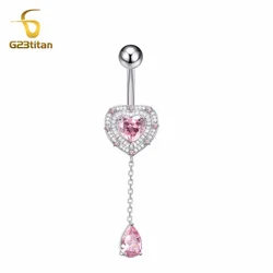 G23Titan Pink Zircon Crystal Heart Navel Piercing Women Jewelry Hanging Long Chain Dangle Belly Button Ring 14G Titanium Barbell