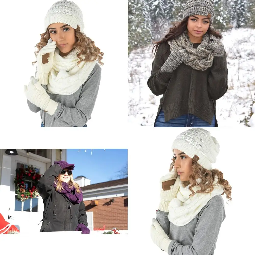 طقم قبعة ووشاح وقفازات شتوية متطابقة للنساء - قبعة صغيرة مضلعة، لفافة إنفينيتي، وقفازات مريحة للأيام الباردة #1