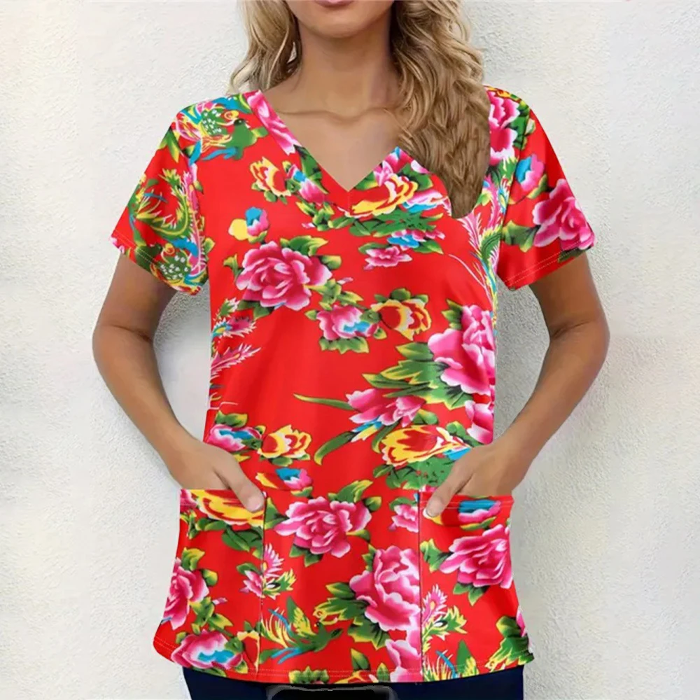 Top opaco da donna stampato di alta qualità abbinato a scollo a V cartone animato opaco uniforme sottile da infermiera top da donna maniche corte tessuto di seta