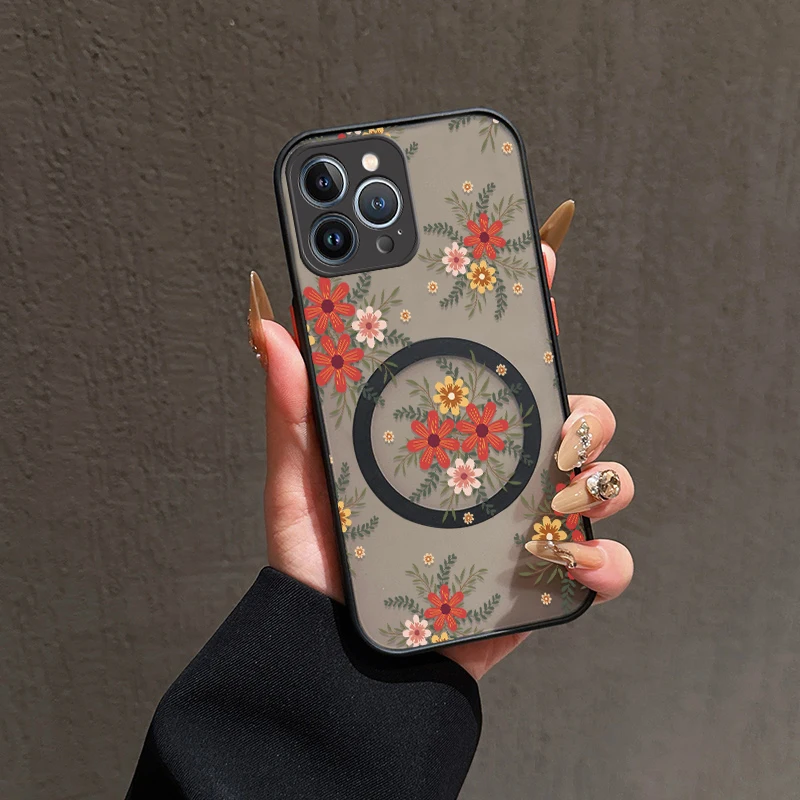 Custodia magnetica per iPhone 13 Mini 11 15 14 12 16 Pro Max 17 Air XR XS X SE 7 8 Plus per Magsafe Cover trasparente con fiori opachi