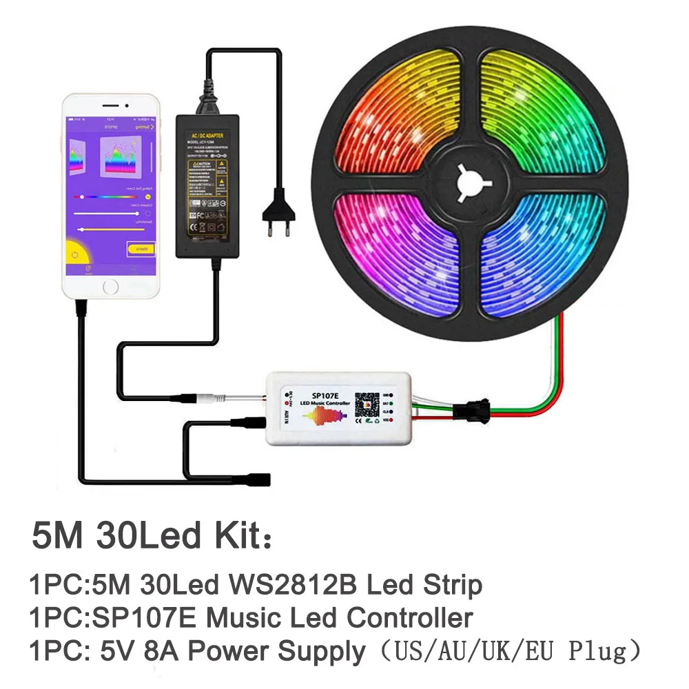 1M 5M WS2812B Led Strip 30/60/144Leds/M IndividuaIIy Addressable WS2812 Controller Music SP107E And DC5V 8A Power Supply