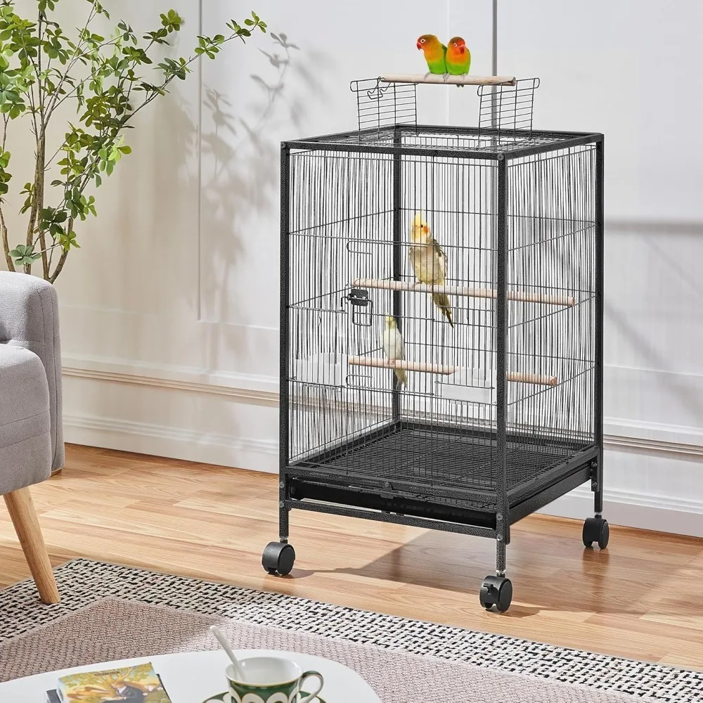 Wrought Iron Birdcage with Open Top and Rolling Bracket, Suitable for Small Birds Such as Parrots and Love Birds, 35 Inch