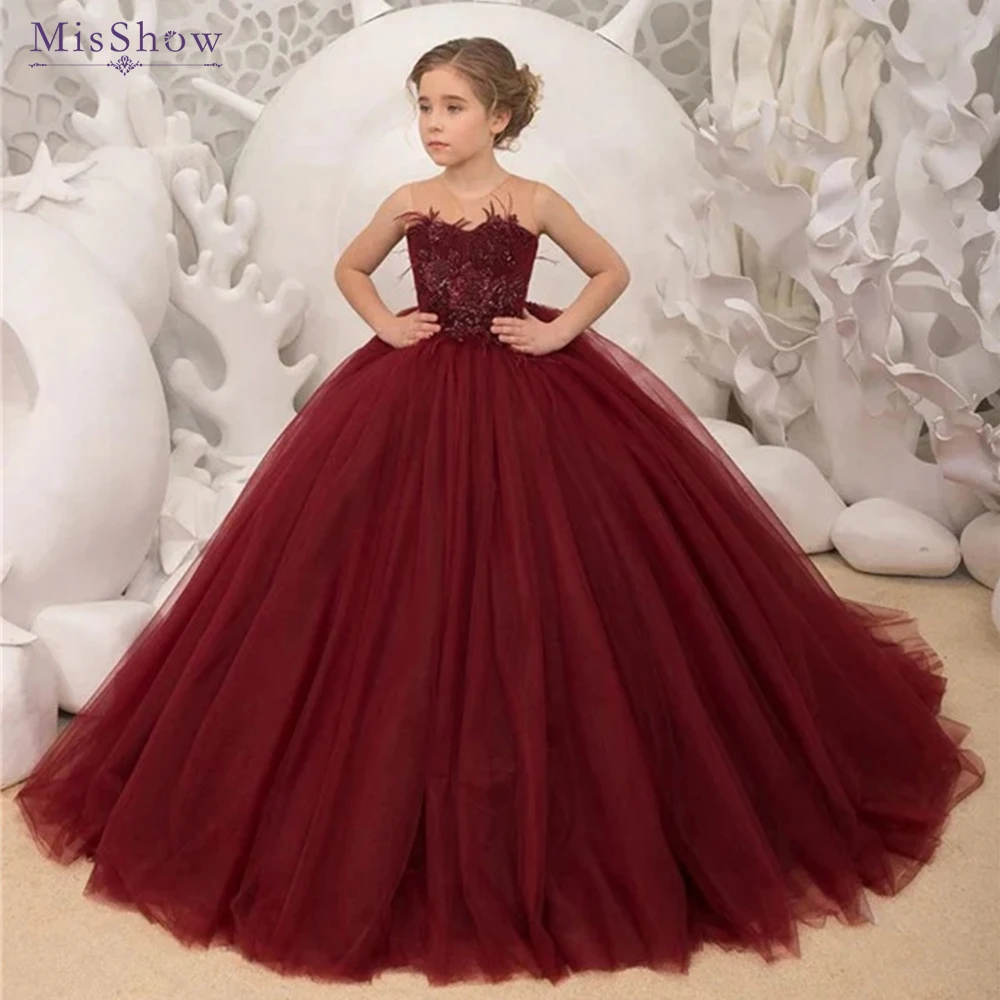 MisShow Lovely Tulle Flower Girl Dress for Wedding Burgundy Lace Applique Princess Pageant Dresses Long Birthday Party Ball Gown