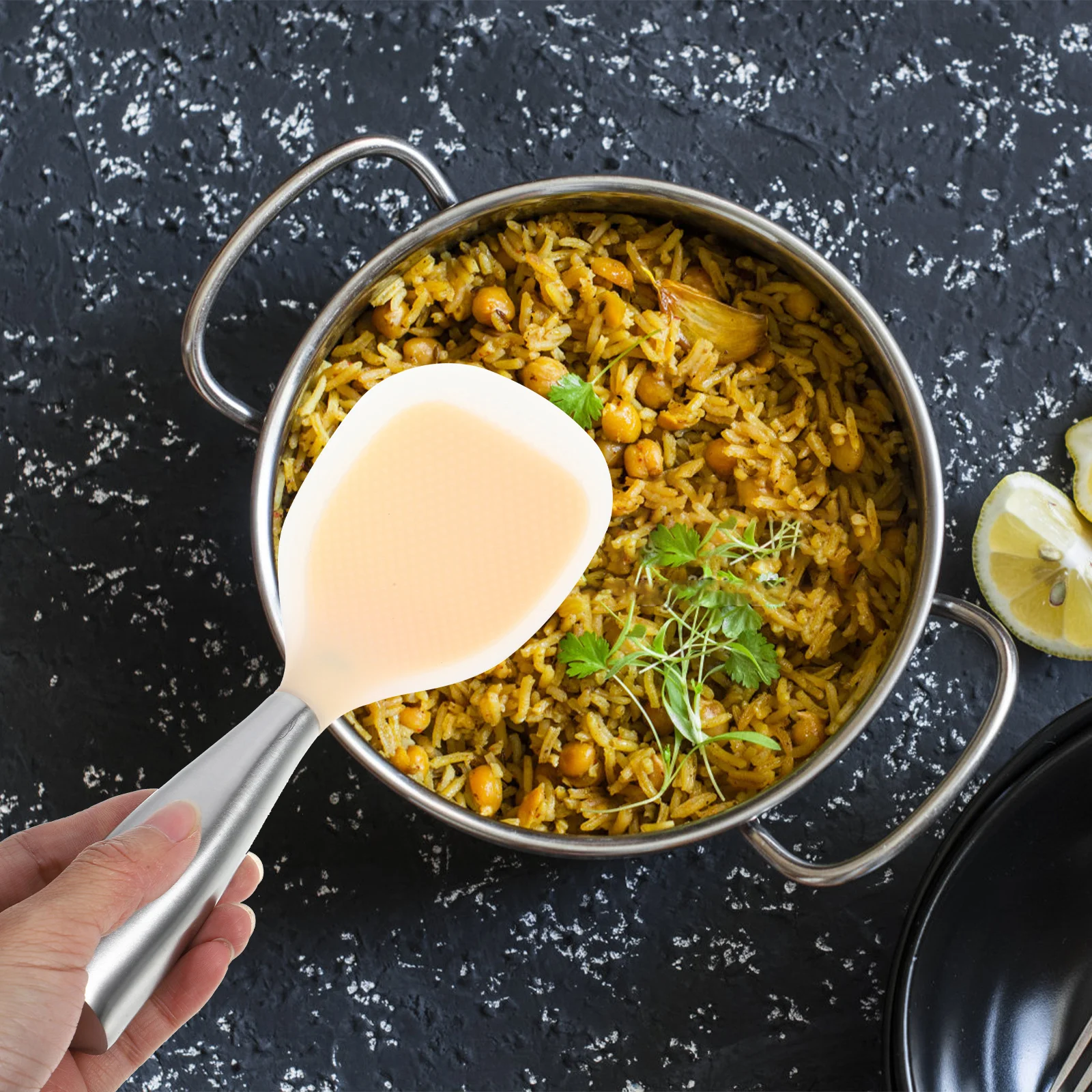

Stainless Steel Handle Spoon Nonstick Silicone Standing Rice Paddle Lightweight Kitchen Dining Utensil Household Scoop