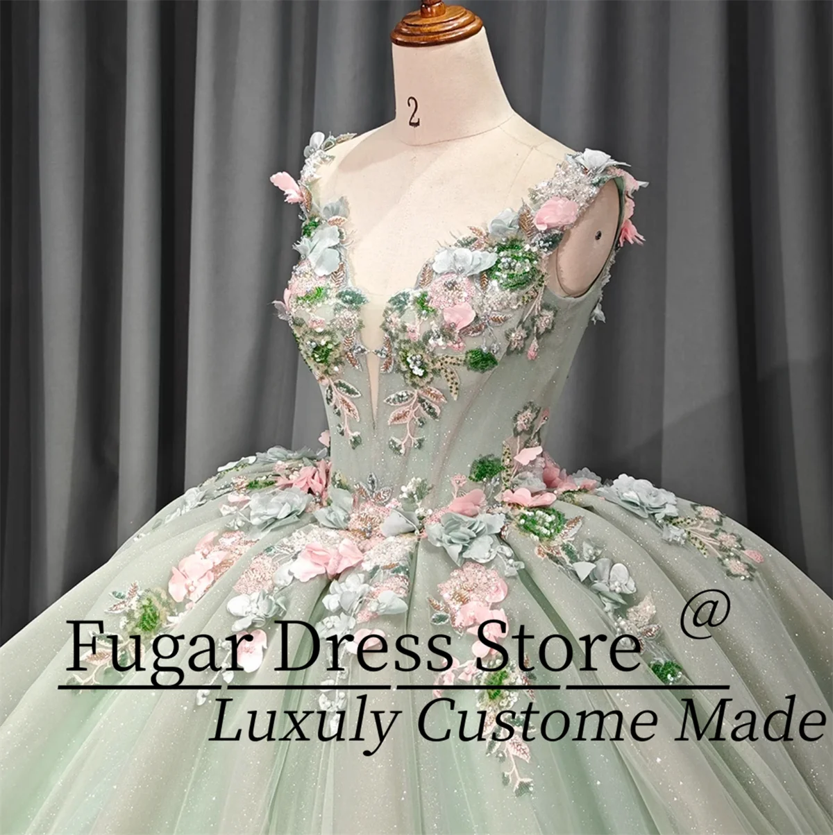 Robe de Quinceanera verte personnalisée, fleurs 3D, décorations de perles scintillantes, robes de bal à lacets dans le dos, 15 quinceañera
