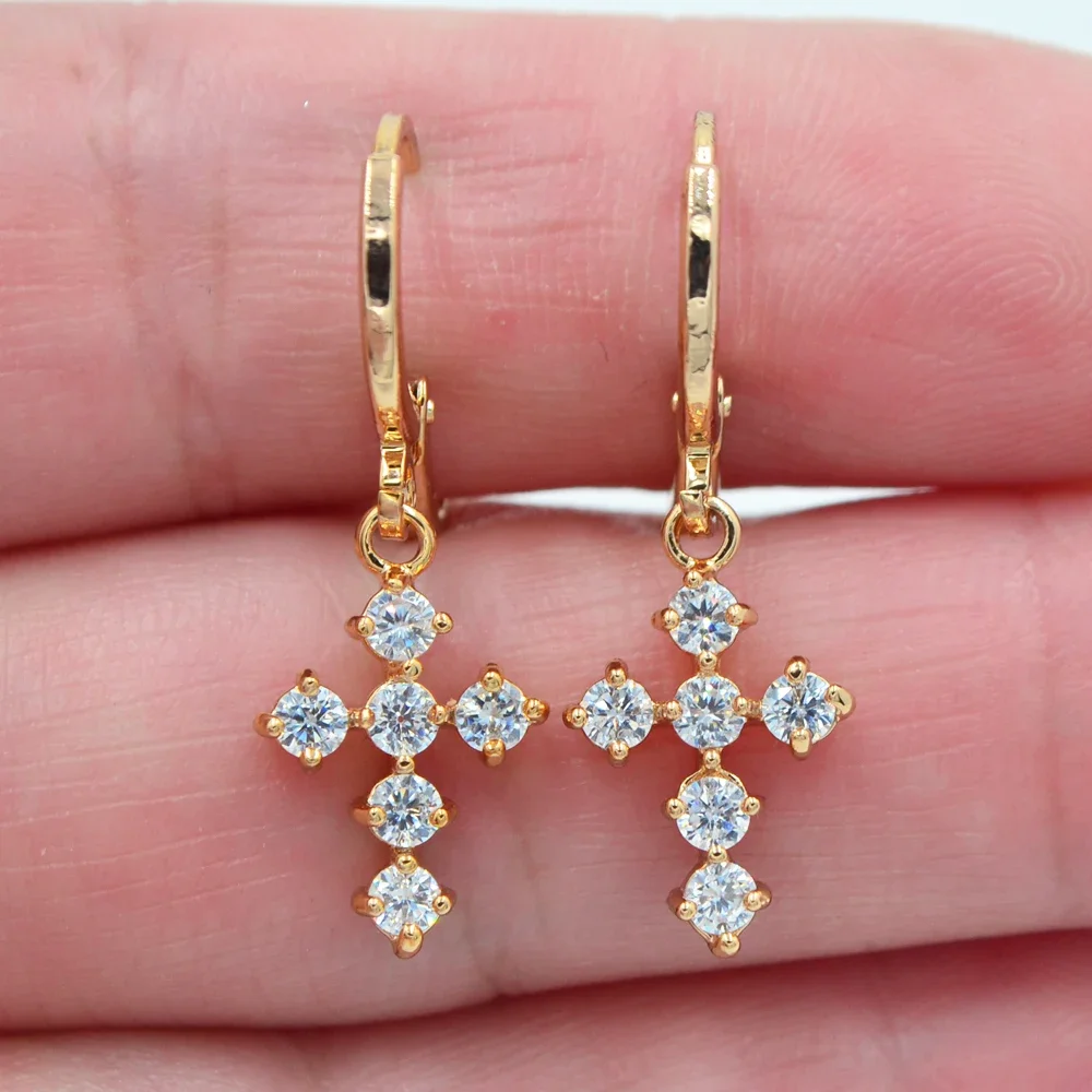 Fashion Jewelry Gold Color Colorful CZ Zircon Cross Dangle Earrings for Women
