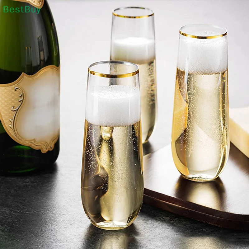 5PCS Gold Rimmed Champagne Cup Wine Glass Disposable Durable Party Wedding Festival Bar Wine Cup Bar Cocktail Drink Juice Cup