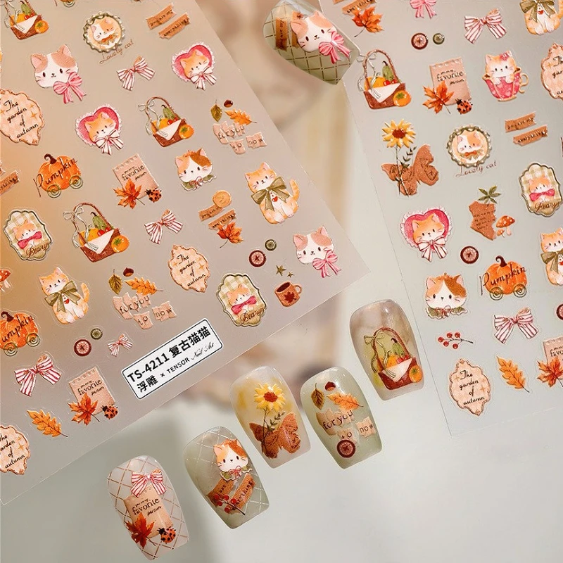 Retro carino bowknot gatto caffè foglia d'acero zucca girasole 5D adesivi autoadesivi in rilievo per nail art decalcomanie per manicure autunnali